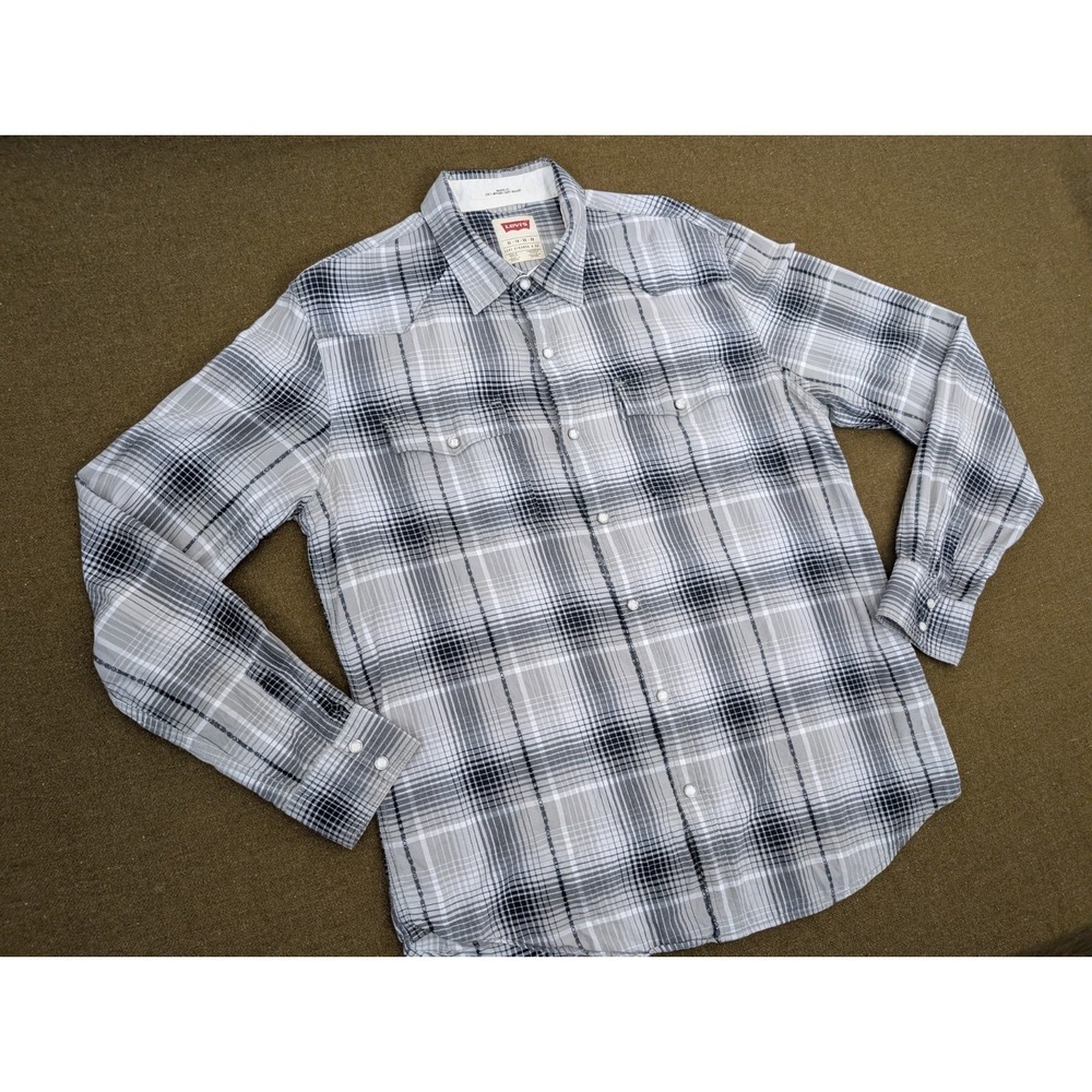 Levis‎ Shirt Men XL Large Gray Plaid Pearl Snap Distressed Western Rodeo Cowboy